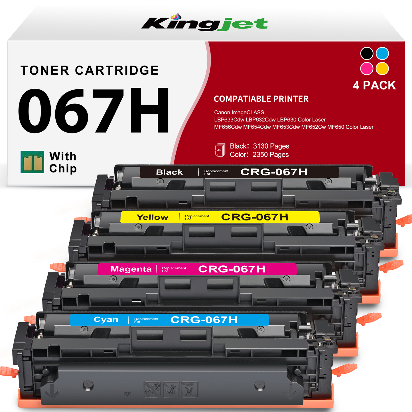 067H Toner Cartridge 4-Pack Compatible for Canon 067H 067 CRG-067H ImageCLASS MF656Cdw MF654Cdw MF653Cdw LBP633Cdw LBP632Cdw High Yield (Black, Cyan, Magenta, Yellow)