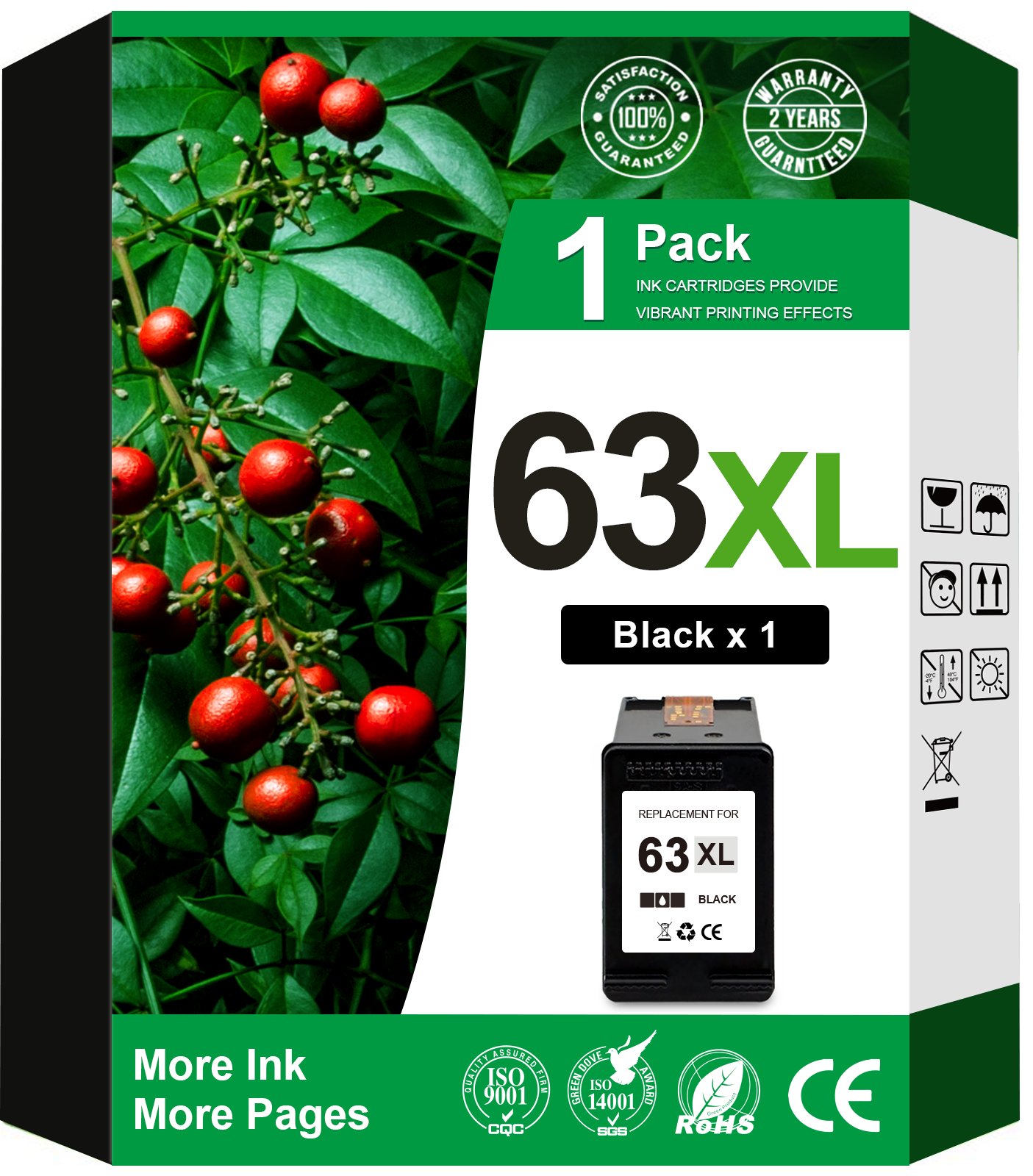 63 Black Ink Compatible for HP 63XL Black Ink Cartridge for HP Ink 63 63XL for Officejet 3830 5255 5260 Envy 4520 4512 Printer