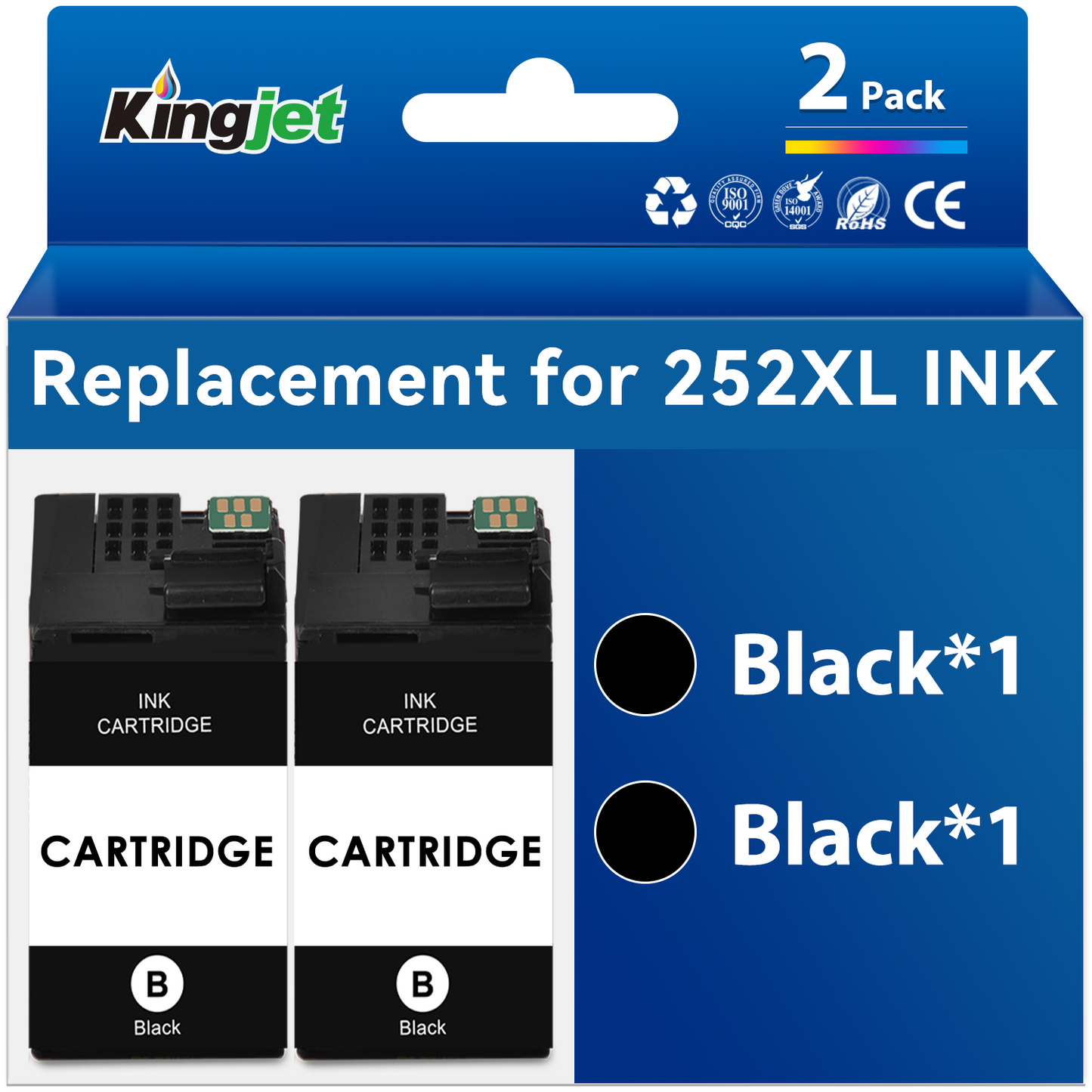 Kingjet Black Ink Replacement for Epson 252XL Black Ink Cartridges for Epson Workforce WF-7110 WF-7710 WF-7720 WF-3620 WF-3640 Printer (2 Black)