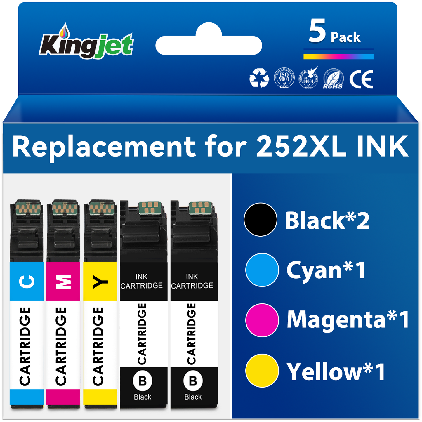 Kingjet Ink Replacement for Epson 252 Ink Replacement for Epson 252XL Ink Cartridges (2 Black Cyan Magenta Yellow, 5 Pack)