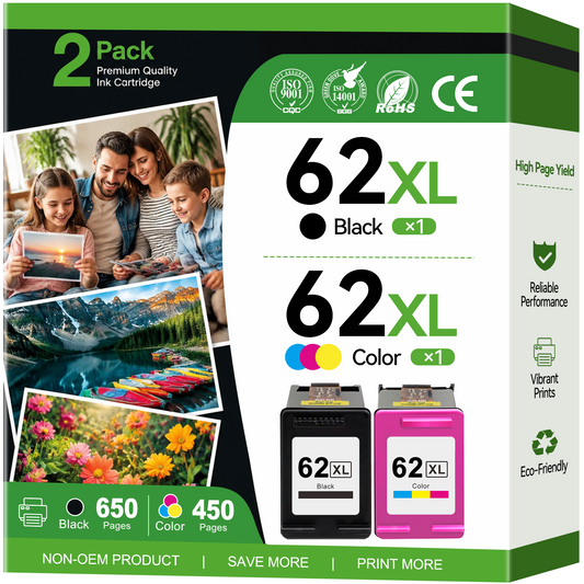 62 Ink Compatible for HP 62 Ink Cartridges for HP Ink 62 Printer Ink (Black, Tri-color)