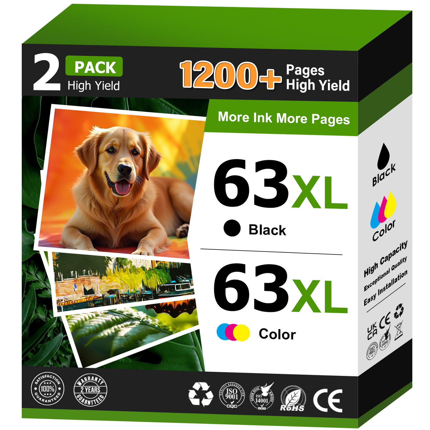 63 Ink Cartridge Compatible for HP 63XL for HP Ink 63 Printer Ink 63 for Officejet 3830 5255 5260 Envy 4520 4512 (2 Pack)