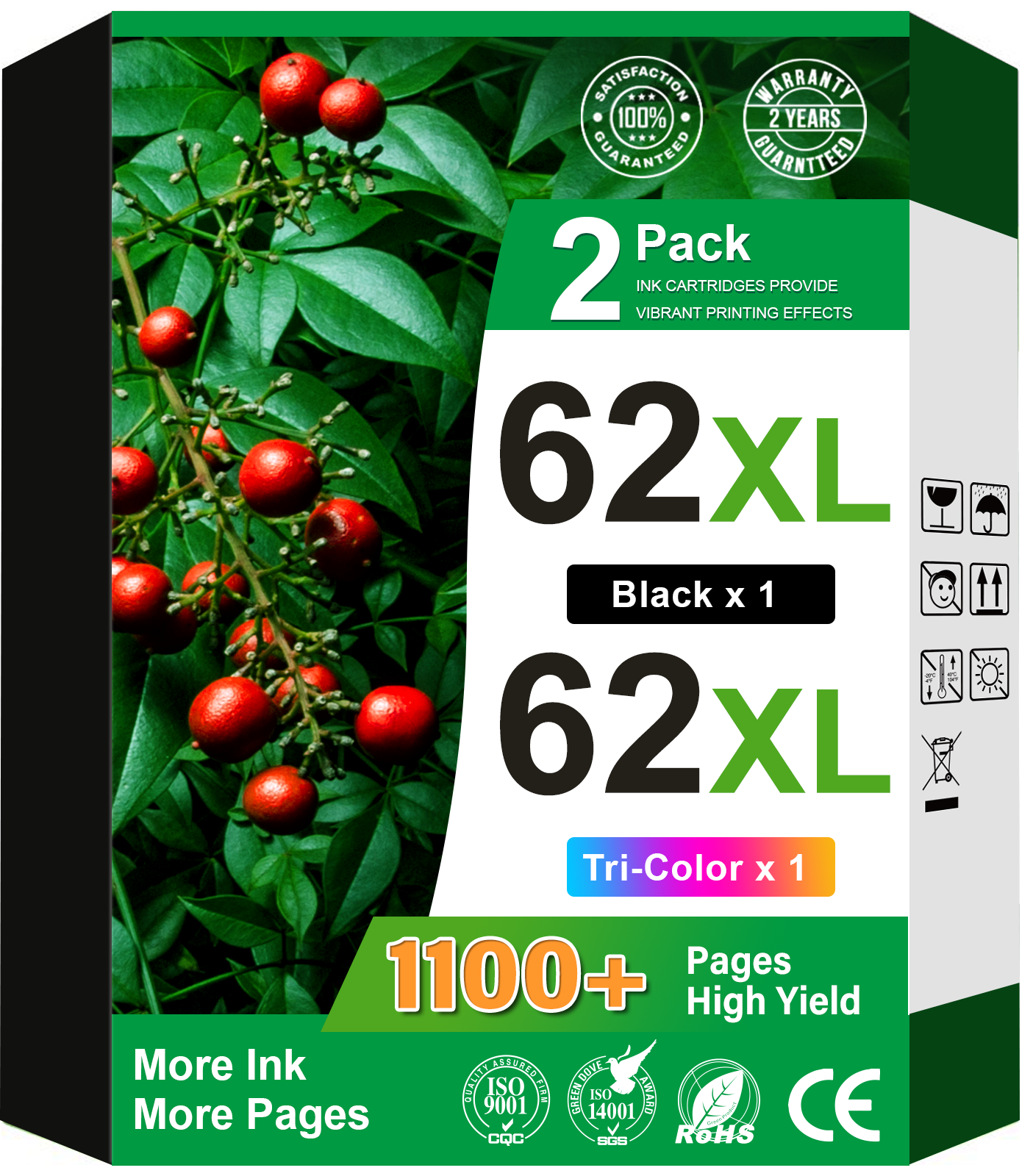 62 Ink Compatible for HP 62 Ink Cartridges for HP Ink 62 Printer Ink (Black, Tri-color)
