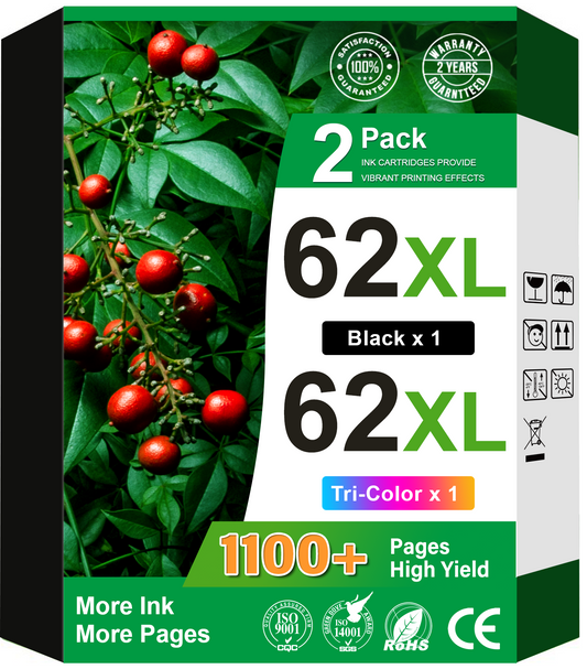 62 Ink Compatible for HP 62 Ink Cartridges for HP Ink 62 Printer Ink (Black, Tri-color)