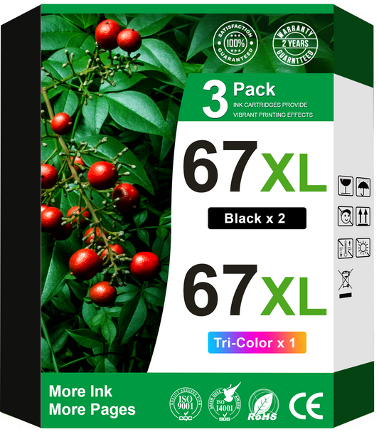 67XL Ink Cartridge Compatible for HP 67 Ink Cartridge for HP Ink 67 (2 Black, 1 Tri-Color)