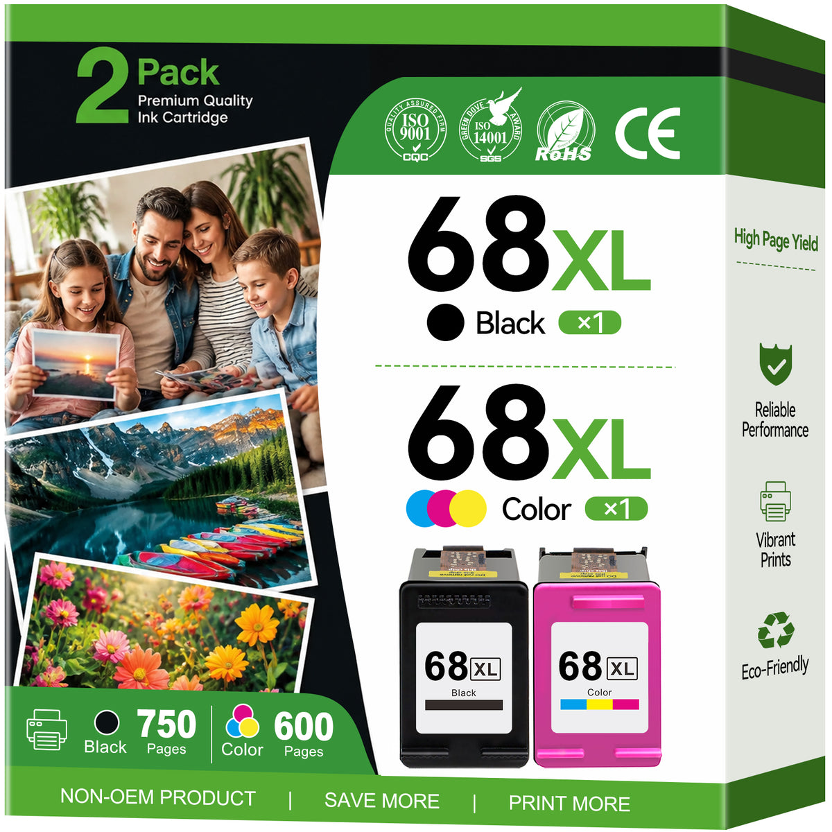 68 Ink Cartridge Compatible for HP 68 Ink Cartridge 68e 68XL for Envy 6152e 6155e 6552e 6555e 6558e Printer 2 Pack (Black, Tri-Color)