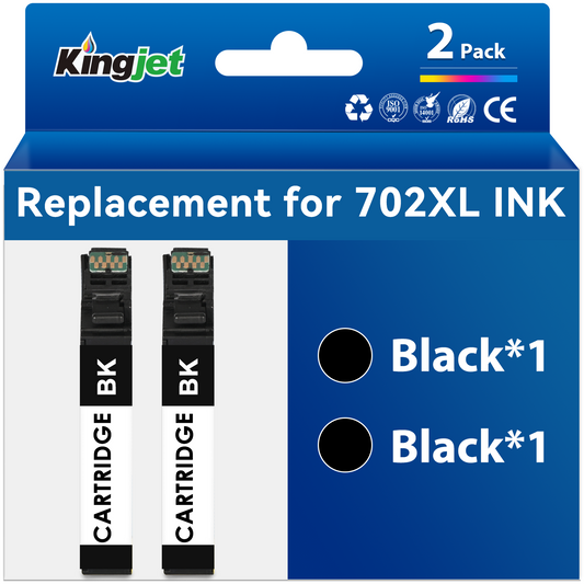 Kingjet Black Ink Compatible with Epson Ink 702 XL 702XL Ink Cartridge Combo Pack for Workforce Pro WF-3720 WF-3733 WF-3730 Printer (2-Black)