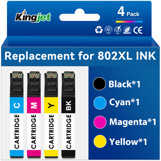 Kingjet Ink Compatible with Epson 802 Ink Cartridge for Epson 802XL Ink Cartridge for Workforce Pro WF-4730 WF-4720 WF-4734 Printer (Black Cyan Magenta Yellow, 4-Pack)