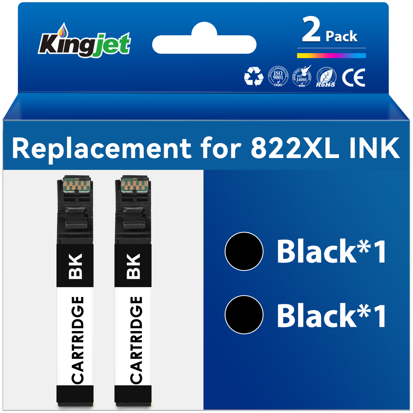 Kingjet 822 Ink Compatible with Epson 822 Black Ink for Epson Pro WF-3820 WF-4820 WF-4830 WF-4833 WF-4834 WF-3823 Printer (2-Black)